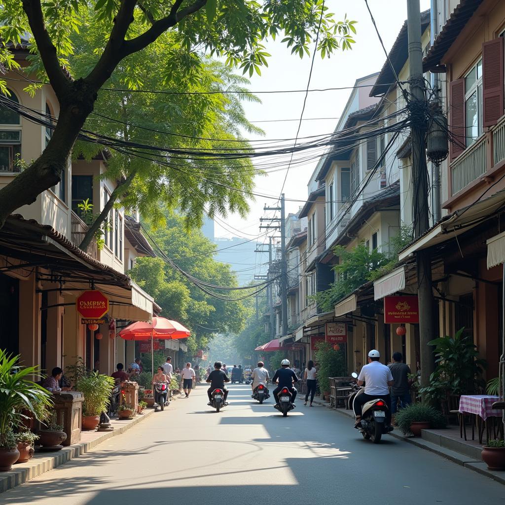 Toàn cảnh Phố Đông Thiên, phường Vĩnh Hưng, quận Hoàng Mai, Hà Nội tấp nập đời sống.